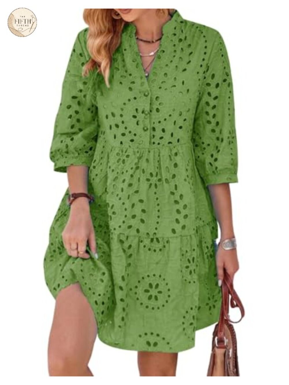 Eyelet Lace Midi Dress V Neck Puff 3/4 Sleeve Button Tiered A Line Sun Dress